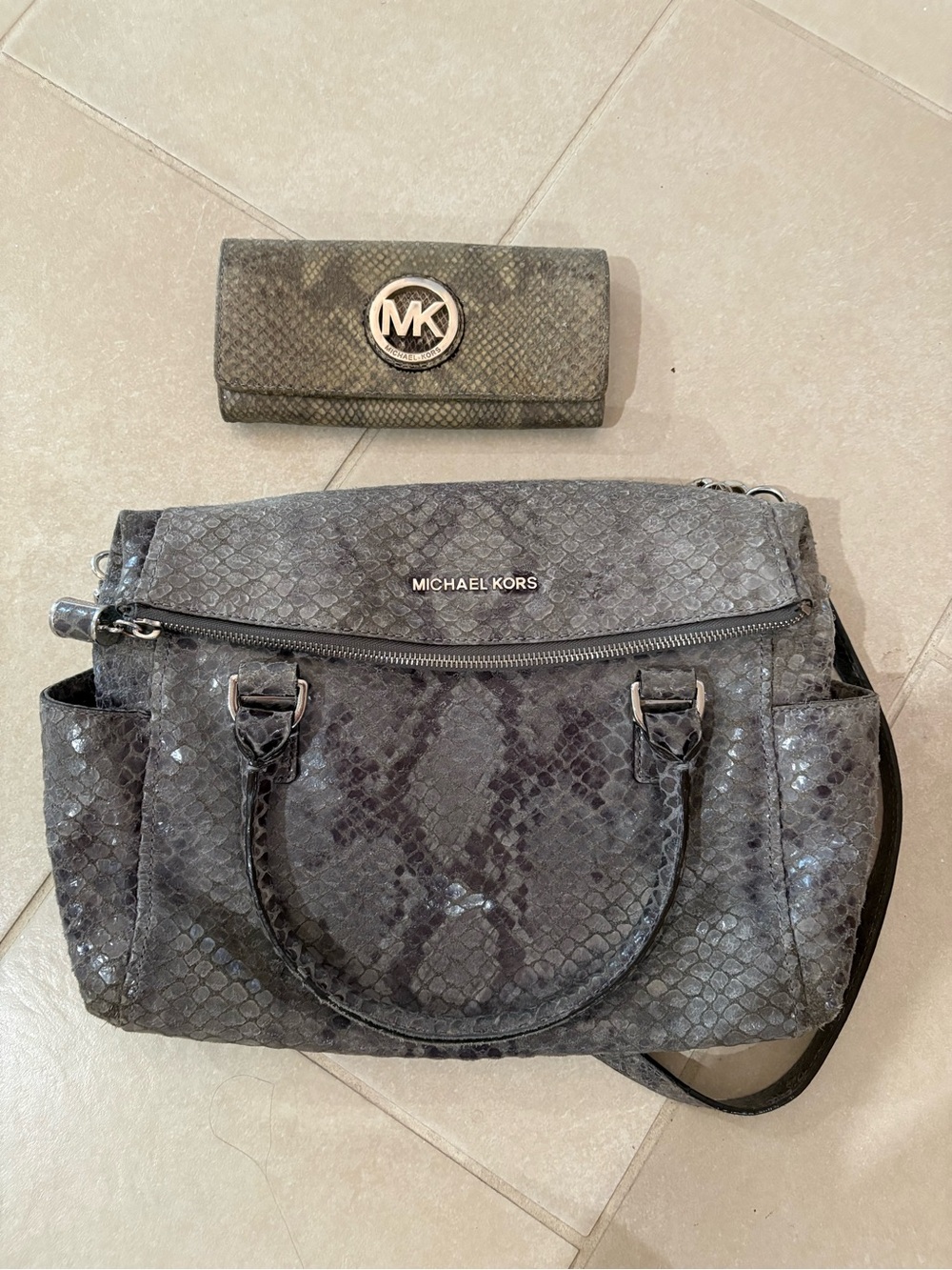 Michael Kors Python Embossed Leather Shoulder Satchel Bag & Matching Flap Wallet